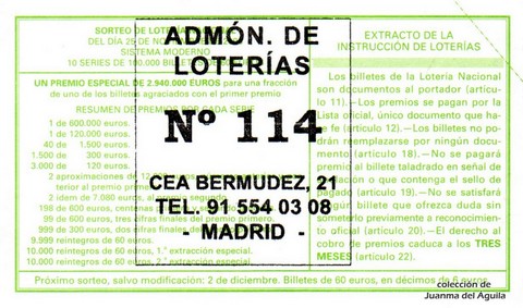 Reverso del décimo de Lotería Nacional de 2006 Sorteo 94