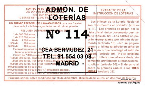 Reverso del décimo de Lotería Nacional de 2006 Sorteo 98