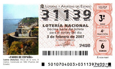 Décimo de Lotería Nacional de 2007 Sorteo 10 - «FAROS DE ESPAÑA»