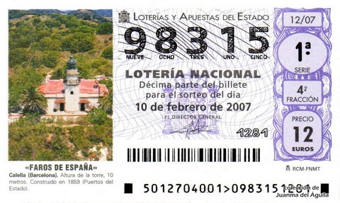 Décimo de Lotería Nacional de 2007 Sorteo 12 - «FAROS DE ESPAÑA»