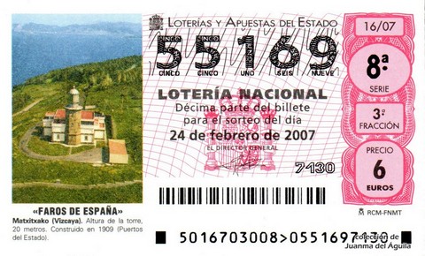 Décimo de Lotería Nacional de 2007 Sorteo 16 - «FAROS DE ESPAÑA»