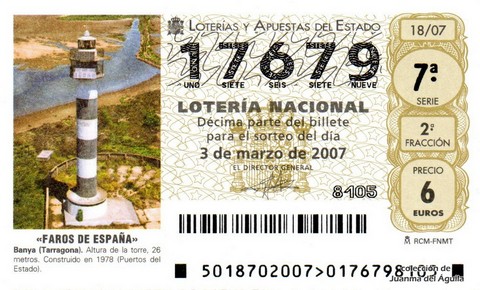 Décimo de Lotería Nacional de 2007 Sorteo 18 - «FAROS DE ESPAÑA»