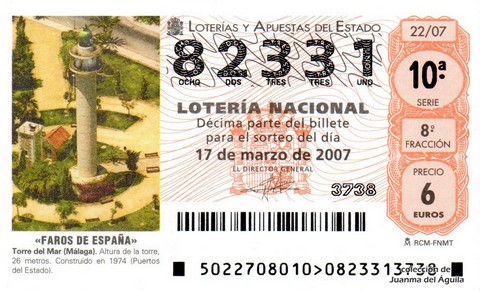 Décimo de Lotería Nacional de 2007 Sorteo 22 - «FAROS DE ESPAÑA»