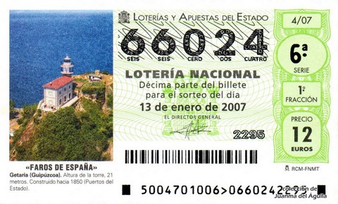 Décimo de Lotería Nacional de 2007 Sorteo 4 - «FAROS DE ESPAÑA»