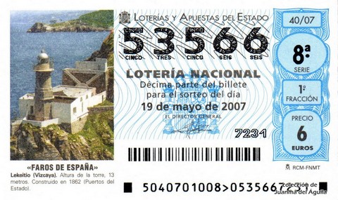 Décimo de Lotería Nacional de 2007 Sorteo 40 - «FAROS DE ESPAÑA»