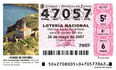Décimo de Lotería Nacional de 2007 Sorteo 42 - «FAROS DE ESPAÑA»