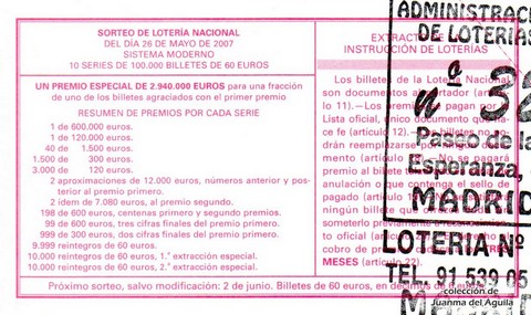 Reverso décimo de Lotería 2007 / 42