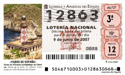 Décimo de Lotería Nacional de 2007 Sorteo 46 - «FAROS DE ESPAÑA»