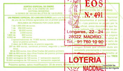 Reverso del décimo de Lotería Nacional de 2007 Sorteo 4