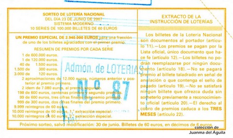 Reverso décimo de Lotería 2007 / 50
