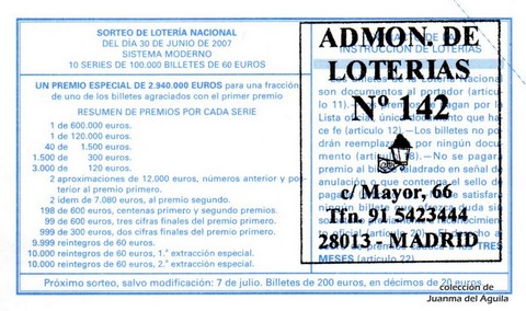 Reverso del décimo de Lotería Nacional de 2007 Sorteo 52