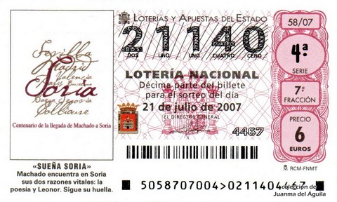 Décimo de Lotería Nacional de 2007 Sorteo 58 - «SUEÑA SORIA»