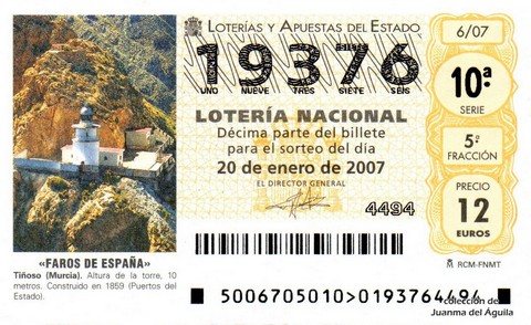 Décimo de Lotería Nacional de 2007 Sorteo 6 - «FAROS DE ESPAÑA»