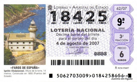 Décimo de Lotería Nacional de 2007 Sorteo 62 - «FAROS DE ESPAÑA»