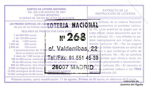 Reverso del décimo de Lotería Nacional de 2007 Sorteo 62