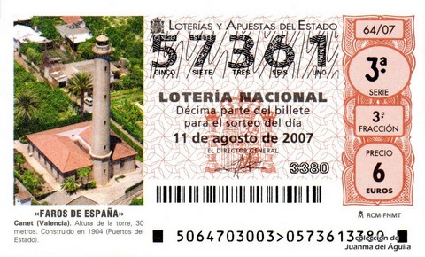 Décimo de Lotería Nacional de 2007 Sorteo 64 - «FAROS DE ESPAÑA»