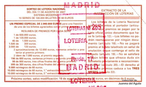 Reverso décimo de Lotería 2007 / 64