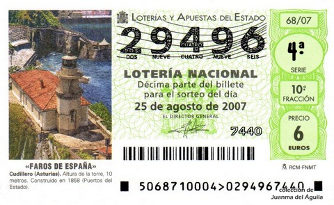 Décimo de Lotería Nacional de 2007 Sorteo 68 - «FAROS DE ESPAÑA»