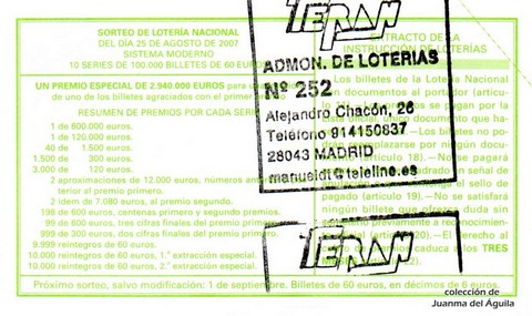 Reverso décimo de Lotería 2007 / 68