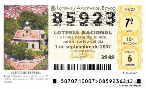 Décimo de Lotería Nacional de 2007 Sorteo 70 - «FAROS DE ESPAÑA»