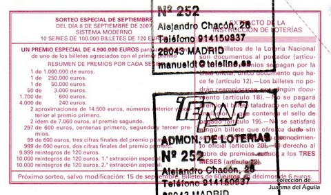Reverso décimo de Lotería 2007 / 72