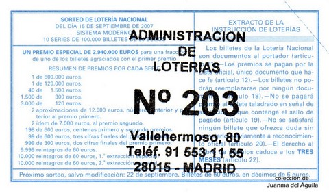 Reverso del décimo de Lotería Nacional de 2007 Sorteo 74