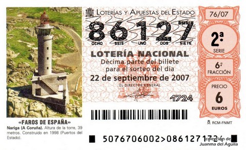 Décimo de Lotería Nacional de 2007 Sorteo 76 - «FAROS DE ESPAÑA»