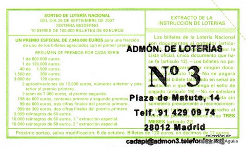 Reverso décimo de Lotería 2007 / 78