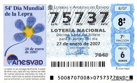 Décimo de Lotería Nacional de 2007 Sorteo 8 - 54 Día Mundial de la Lepra.  ANESVAD