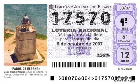 Décimo de Lotería Nacional de 2007 Sorteo 80 - «FAROS DE ESPAÑA»