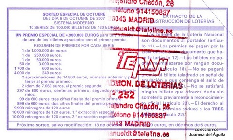 Reverso del décimo de Lotería Nacional de 2007 Sorteo 80