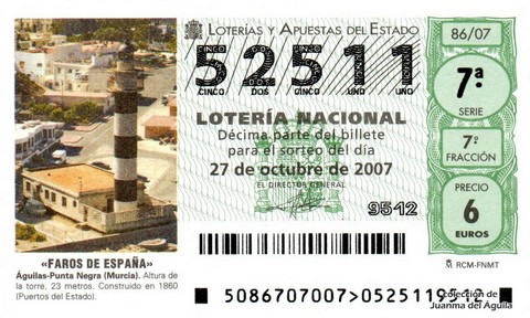 Décimo de Lotería Nacional de 2007 Sorteo 86 - «FAROS DE ESPAÑA»