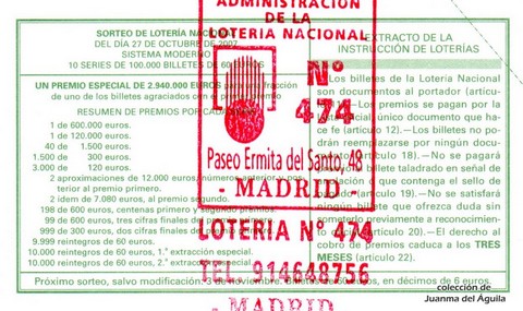 Reverso décimo de Lotería 2007 / 86