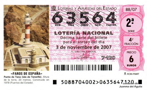 Décimo de Lotería Nacional de 2007 Sorteo 88 - «FAROS DE ESPAÑA»