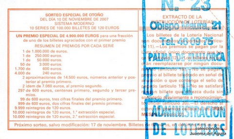 Reverso décimo de Lotería 2007 / 90
