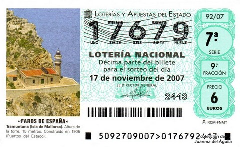 Décimo de Lotería Nacional de 2007 Sorteo 92 - «FAROS DE ESPAÑA»