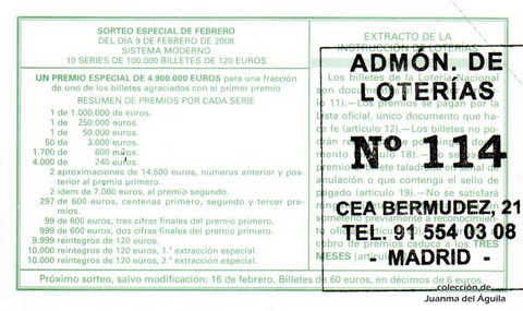 Reverso del décimo de Lotería Nacional de 2008 Sorteo 12