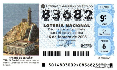 Décimo de Lotería Nacional de 2008 Sorteo 14 - «FAROS DE ESPAÑA». VILÁN (A CORUÑA)