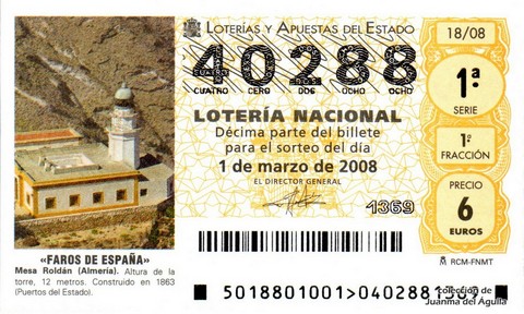Décimo de Lotería Nacional de 2008 Sorteo 18 - «FAROS DE ESPAÑA». MESA ROLDAN (ALMERIA)