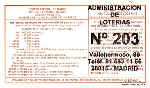 Reverso del décimo de Lotería Nacional de 2008 Sorteo 20