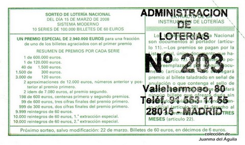 Reverso del décimo de Lotería Nacional de 2008 Sorteo 22