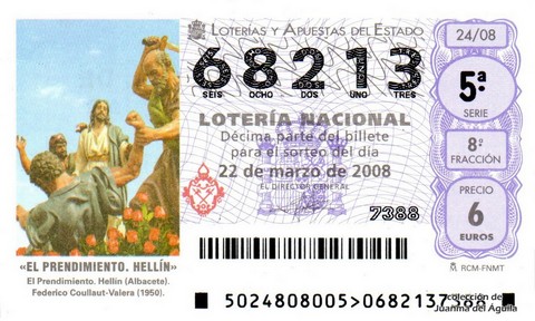 Décimo de Lotería Nacional de 2008 Sorteo 24 - «EL PRENDIMIENTO. HELLÍN»