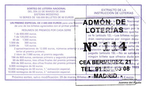 Reverso del décimo de Lotería Nacional de 2008 Sorteo 24