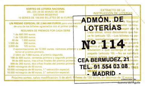 Reverso del décimo de Lotería Nacional de 2008 Sorteo 26