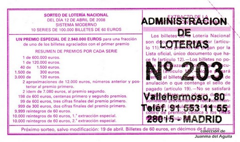 Reverso del décimo de Lotería Nacional de 2008 Sorteo 30