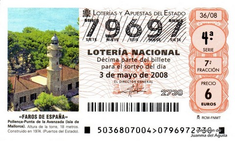 Décimo de Lotería Nacional de 2008 Sorteo 36 - «FAROS DE ESPAÑA». POLLENÇA-PUNTA DE LA AVANZADA (ISLA DE MALLORCA)