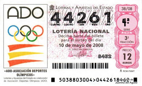 Décimo de Lotería Nacional de 2008 Sorteo 38 - «ADO-ASOCIACIÓN DEPORTES OLÍMPICOS»
