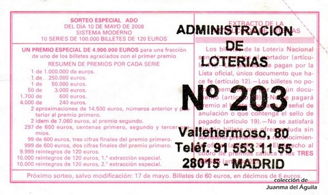 Reverso del décimo de Lotería Nacional de 2008 Sorteo 38