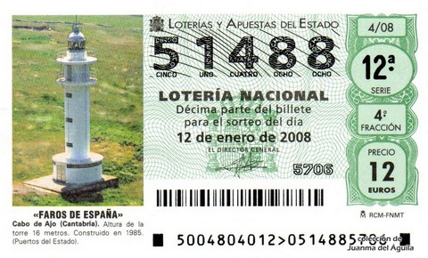 Décimo de Lotería Nacional de 2008 Sorteo 4 - «FAROS DE ESPAÑA». CABO DE AJO (CANTABRIA)