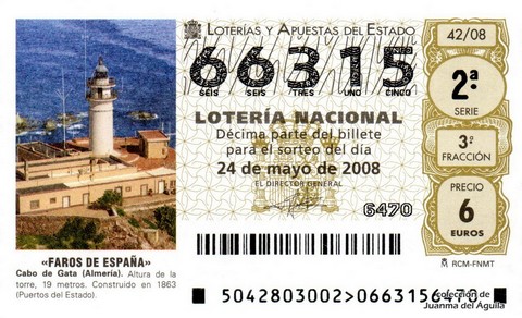 Décimo de Lotería Nacional de 2008 Sorteo 42 - «FAROS DE ESPAÑA». CABO DE GATA (ALMERÍA)